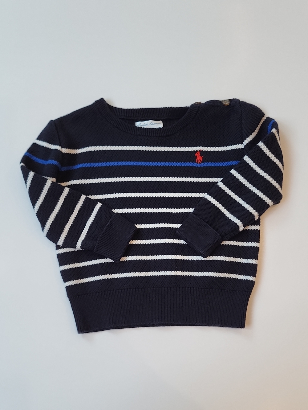 Ralph Lauren Navy, White & Royal Blue Striped Crewneck Sweater - Kids